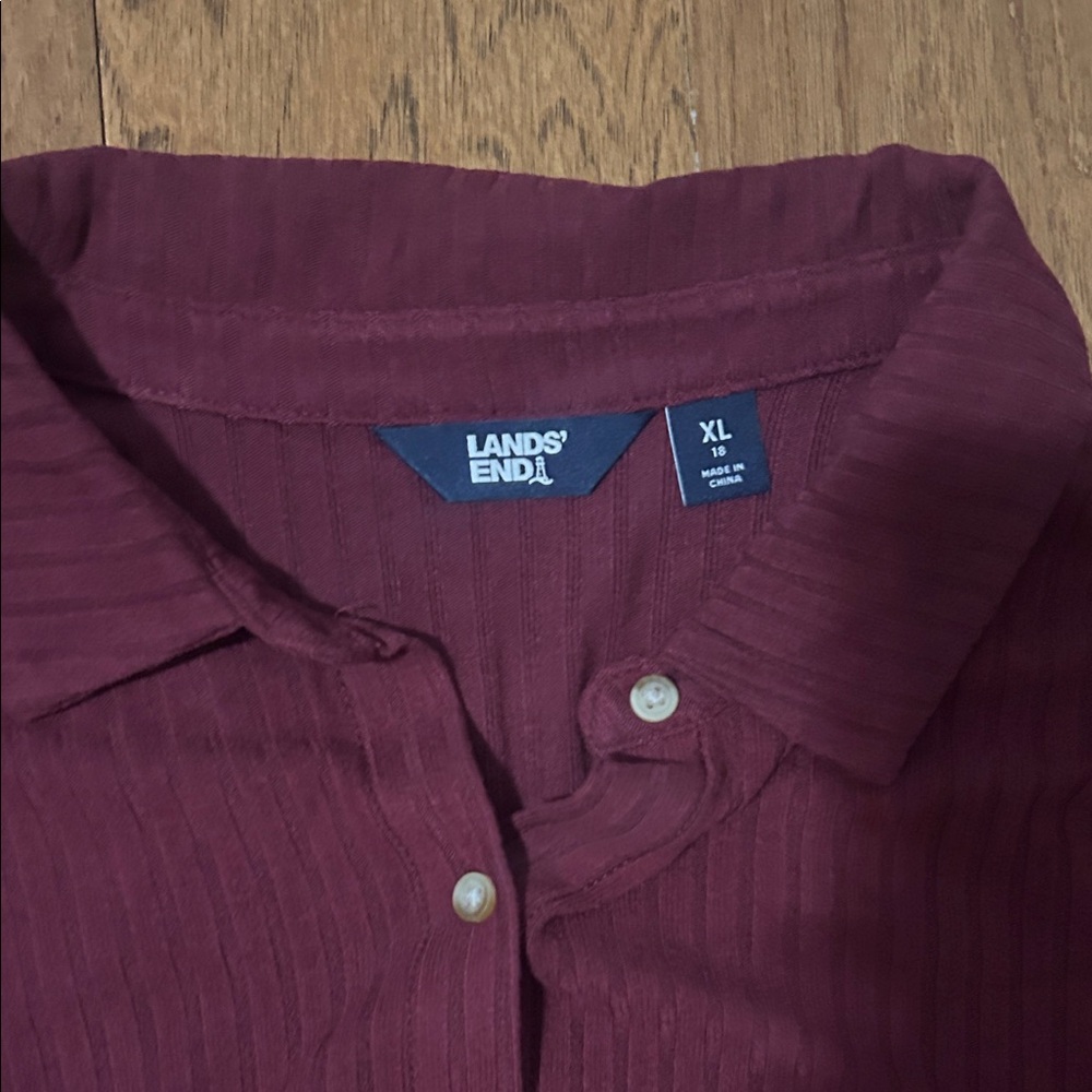 Lands' End Women's Burgundy button up knit ribbed top - Picture 2 of 2